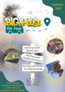 Auch in den Sommerferien 2023 findet unter dem Motto: Big House on Tour ein Ausflug ins Salto, den Kölner Zoo und das Phantasialand statt.  Genaue Infos zum Ablauf und Anmeldungen erhalten Sie auf Anfrage bei jugendzentrum@neuwied.de 