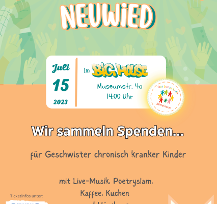Im Rahmen ihres Studium zur Sozialen Arbeit veranstalten Melina Pöter und Julia Eißing ein Charity Konzert im Jugendzentrum Big House. Dieses Konzert dient zur Spendensammlung für den Bunten Kreis Mittelrhein, welcher sich u.a. für Geschwister, chronisch kranker Kinder einsetzt. Neben einem vielfältigen Bühnenprogramm mit Poetry Slam, Solo Künstler:innen und Bands, stehen für den Familienspaß eine Hüpfburg, ein Glücksrad und weitere Spaßfaktoren für Klein und Groß bereit. Der Eintritt an der Tageskasse kostet 7€ und für Ermäßigungsberechtigte 5€.