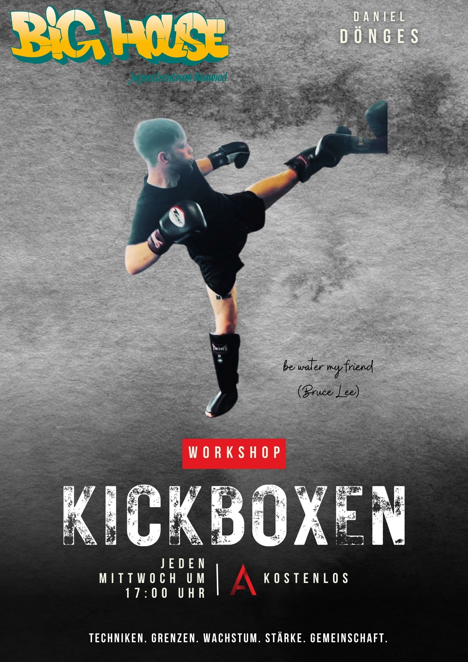 Kickboxen im Big House mit Daniel Dönges, jeden Mittwoch um 17 Uhr. Erlerne Techniken, wachse, setze deine Grenzen und stärke dich und deine Gemeinschaft. 